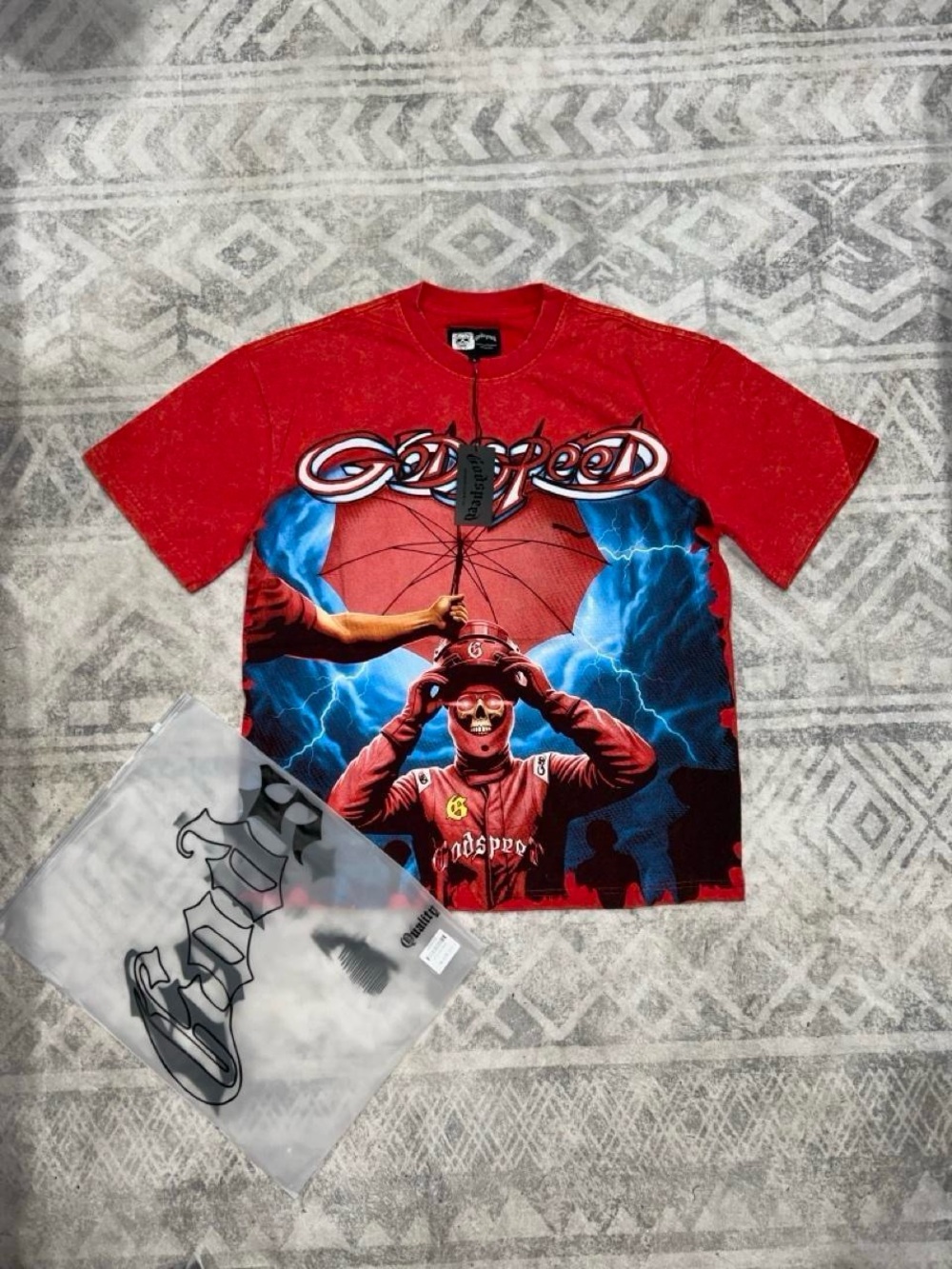 Godspeed Red Graphic Tee with Lightning Motif